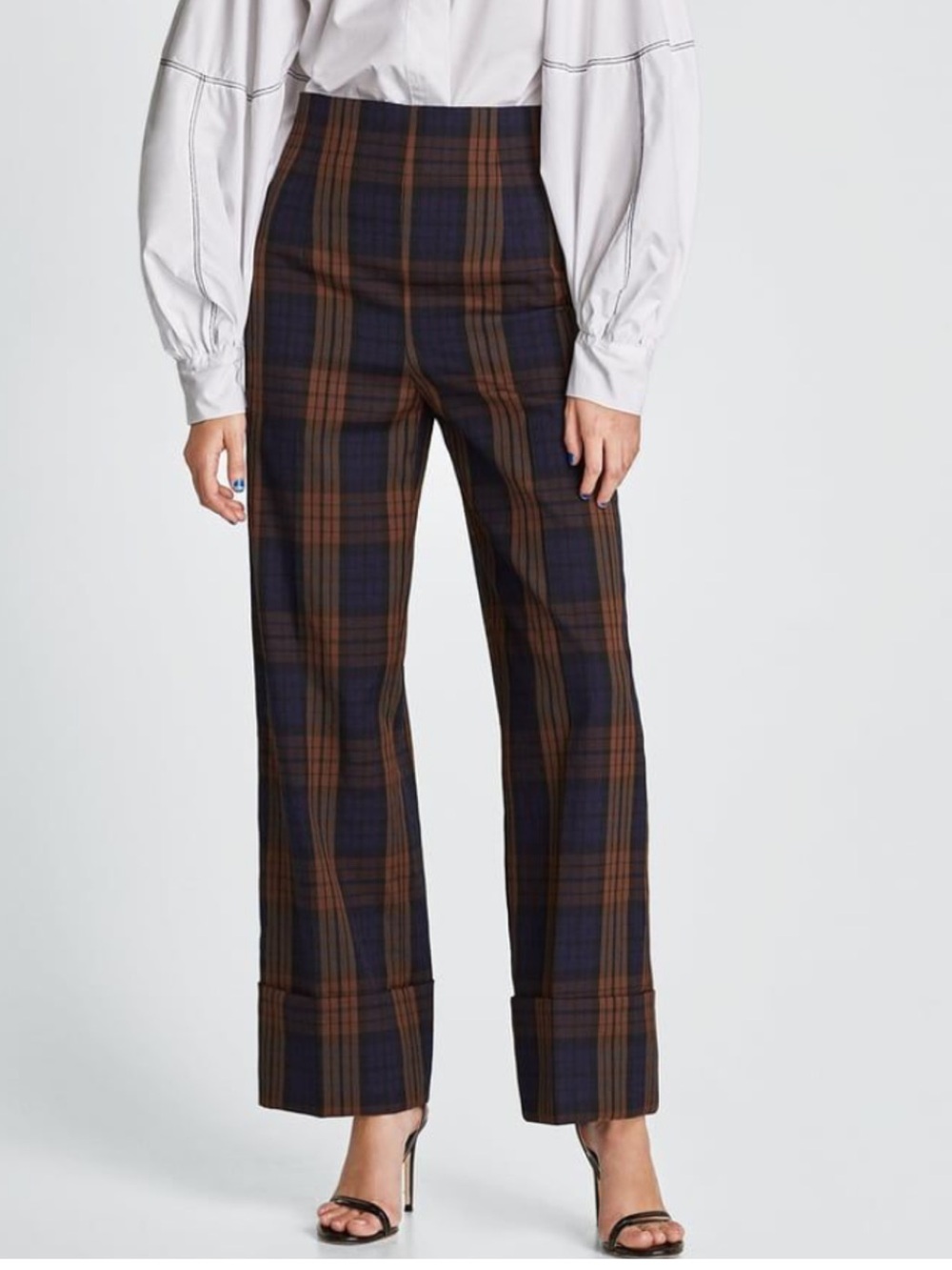 Zara Plaid High-Waist Wide-Leg Pants - Brown & Navy